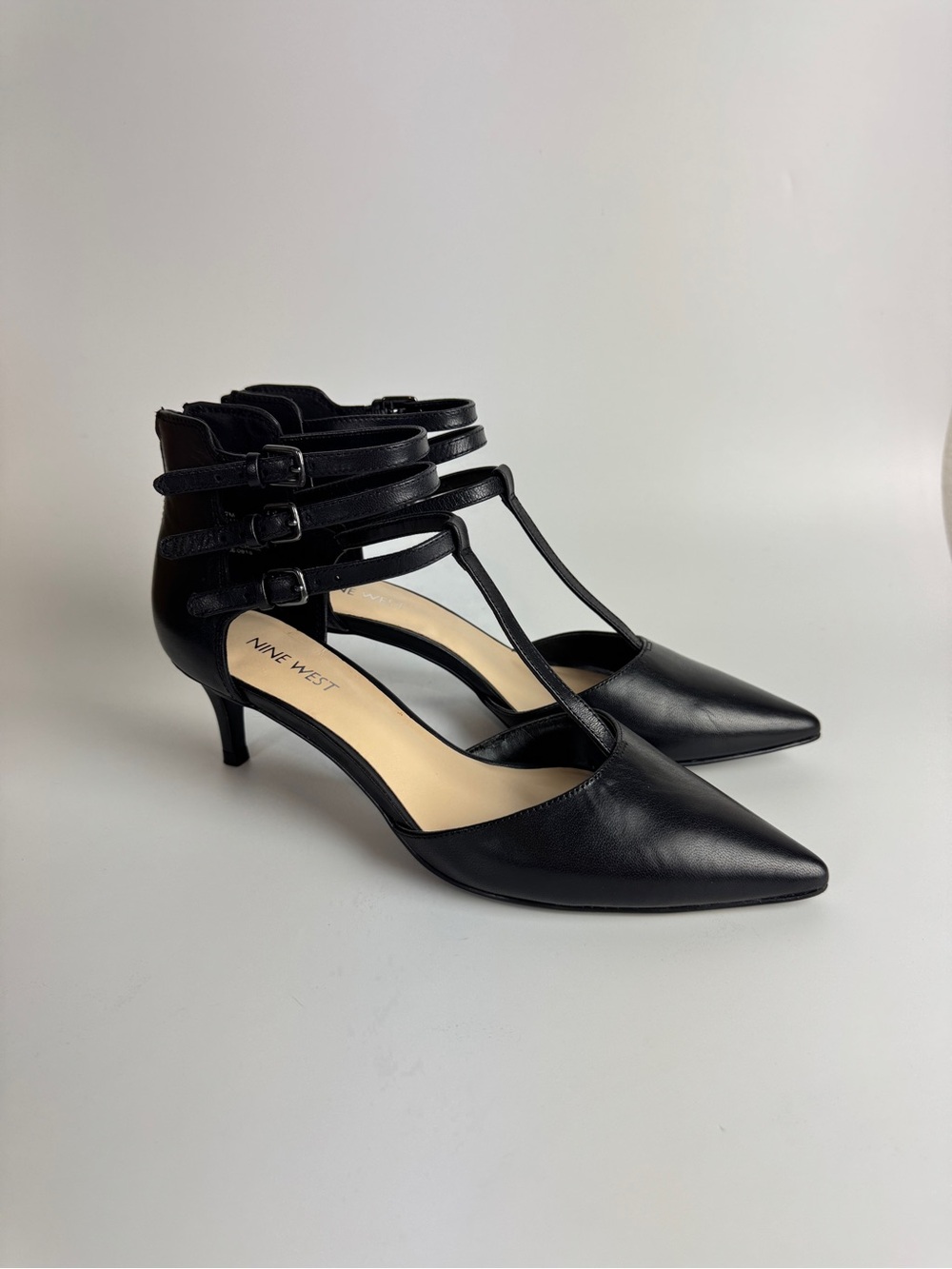 Nine West Black T-Strap Pointed Kitten Heels with Triple Straps